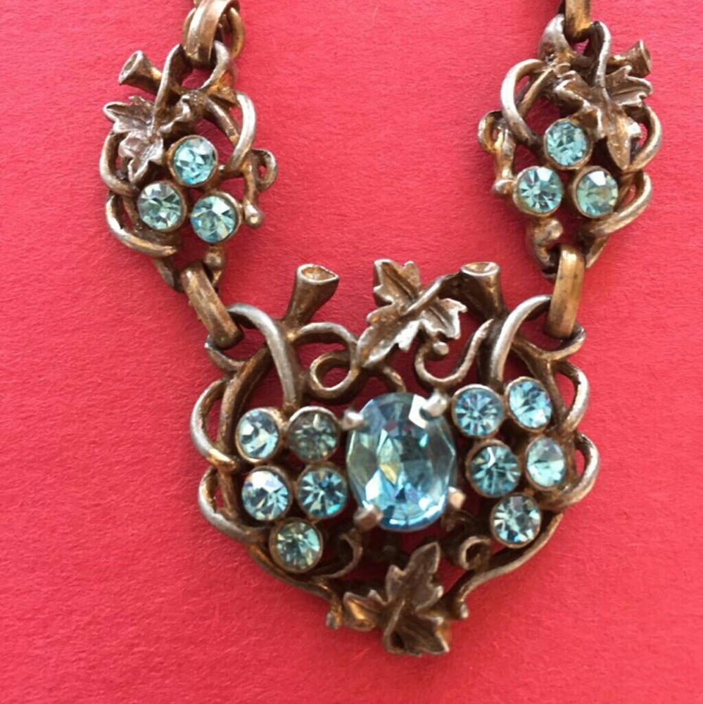 Vintage Blue Rhinestone Leaf Necklace